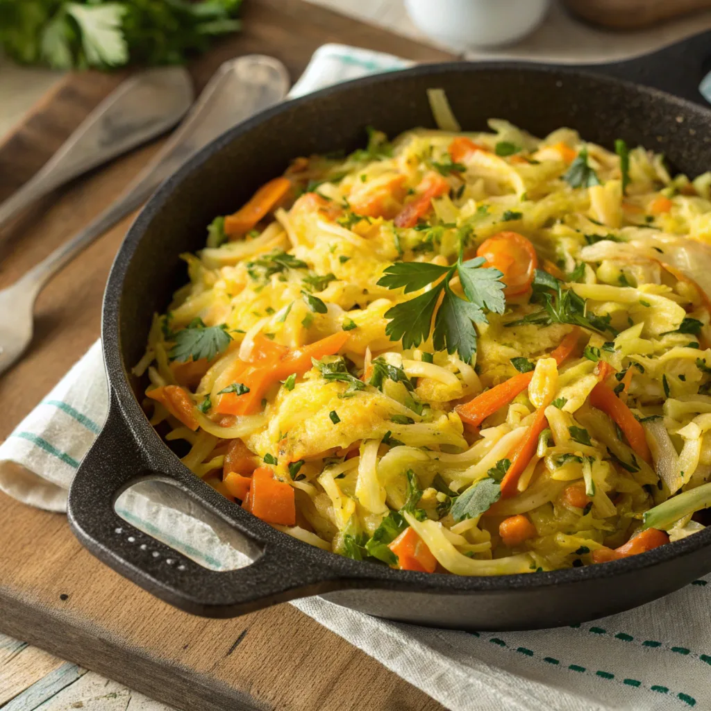 Stir-fried cabbage and eggs in a skillet garnished with herbs.