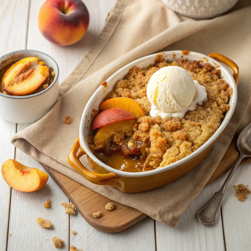 A freshly baked peach crumble with a golden topping and a scoop of vanilla ice cream.