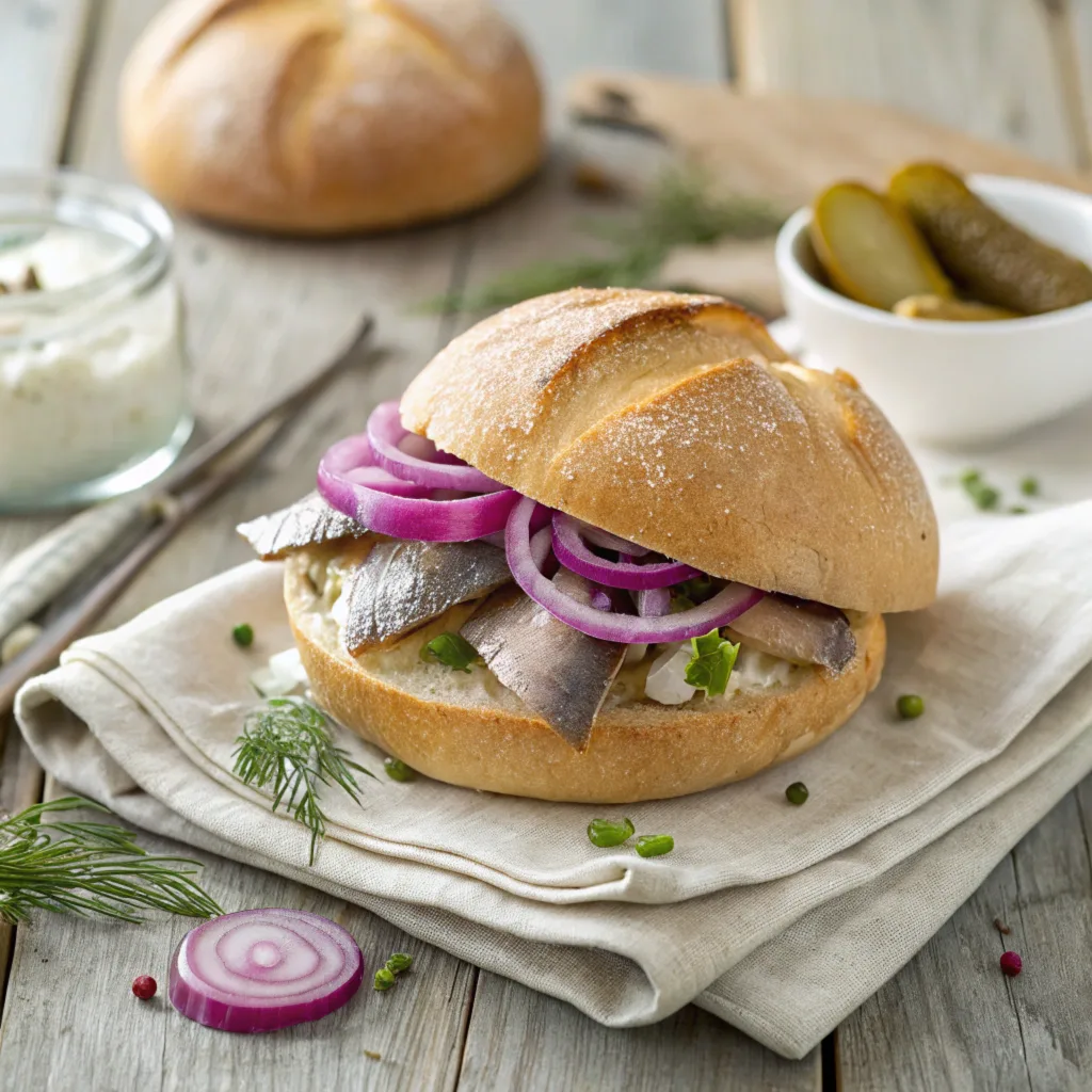 Traditional matjesbrötchen with Matjes herring, red onion, and pickles in a crusty roll on a wooden table.