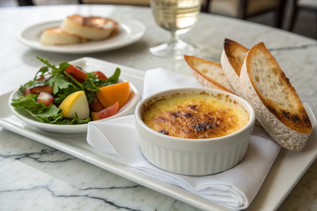 plated-crab-brulee. Plated Crab Brûlée served with citrus salad and toasted baguette slices, highlighting the gourmet presentation.