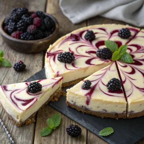 Blackberry cheesecake with a fresh blackberry swirl