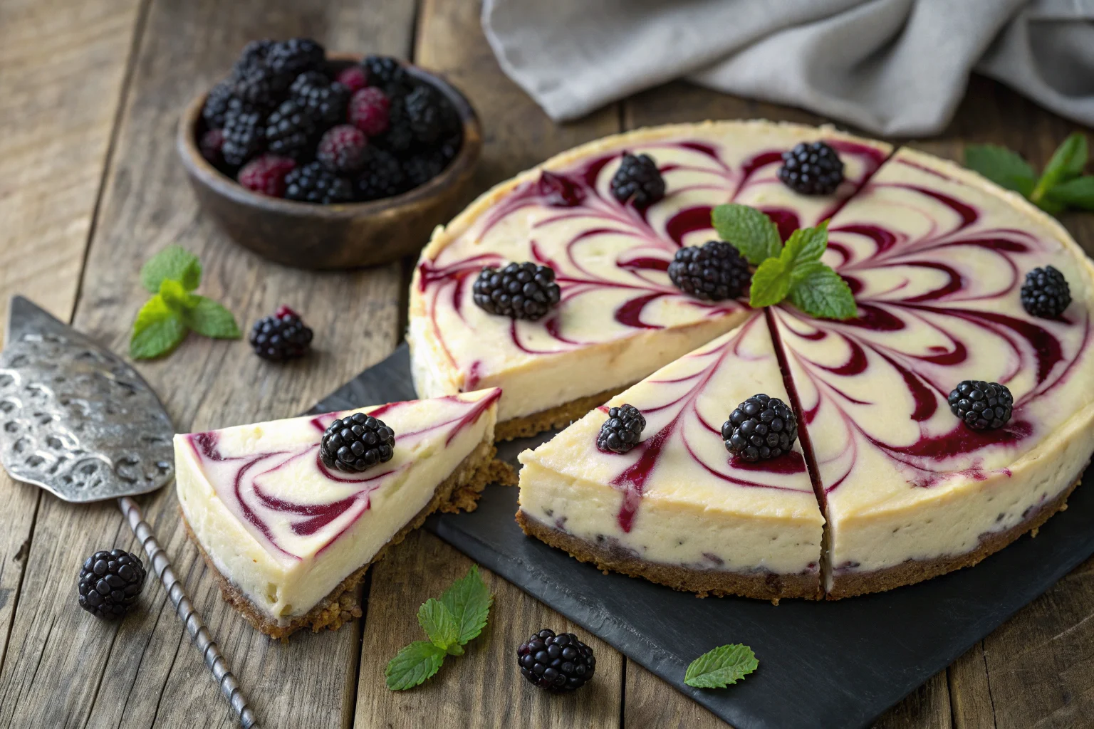 Blackberry cheesecake with a fresh blackberry swirl