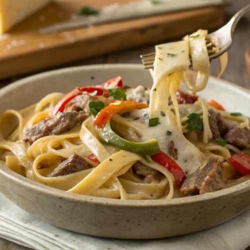 Philly cheesesteak pasta with steak, peppers, onions, and melted provolone in a creamy sauce.