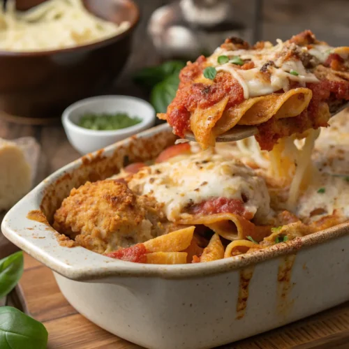 Close-up of a freshly baked chicken parmesan pasta bake with golden breadcrumbs and melted cheese.