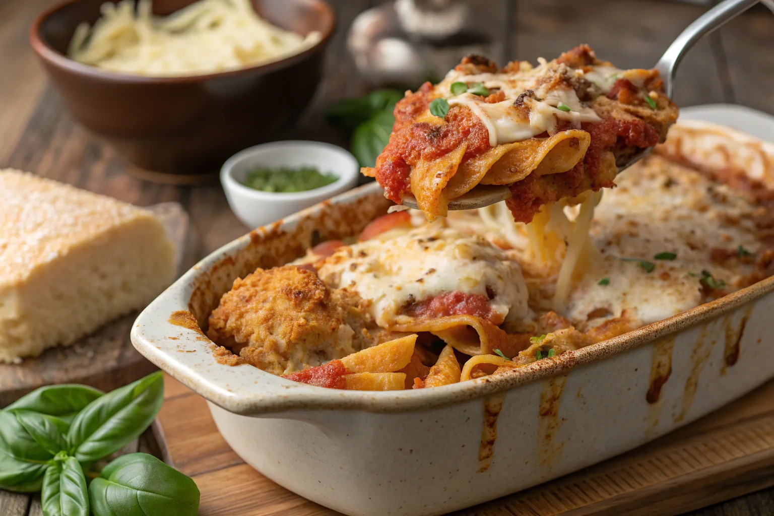 Close-up of a freshly baked chicken parmesan pasta bake with golden breadcrumbs and melted cheese.