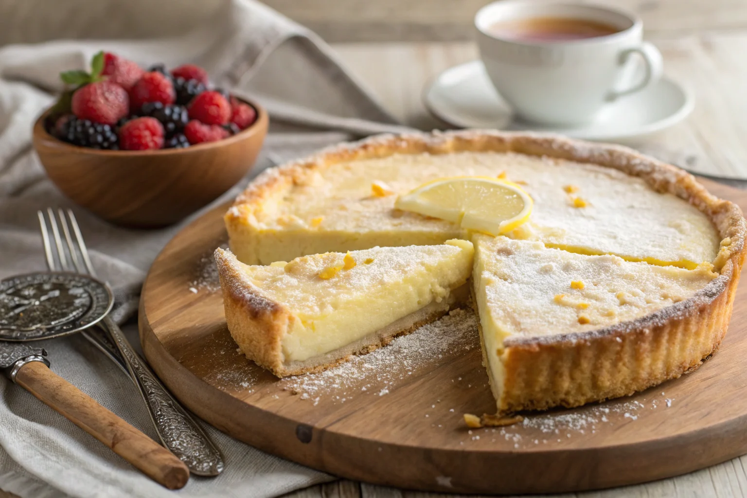 Creamy cottage cheese pie with a golden crust, served with fresh berries.