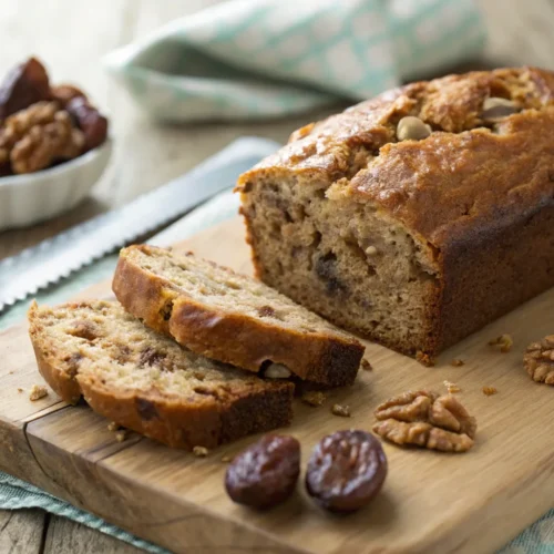 Homemade date nut bread with a golden crust and soft interior, sliced on a wooden board.