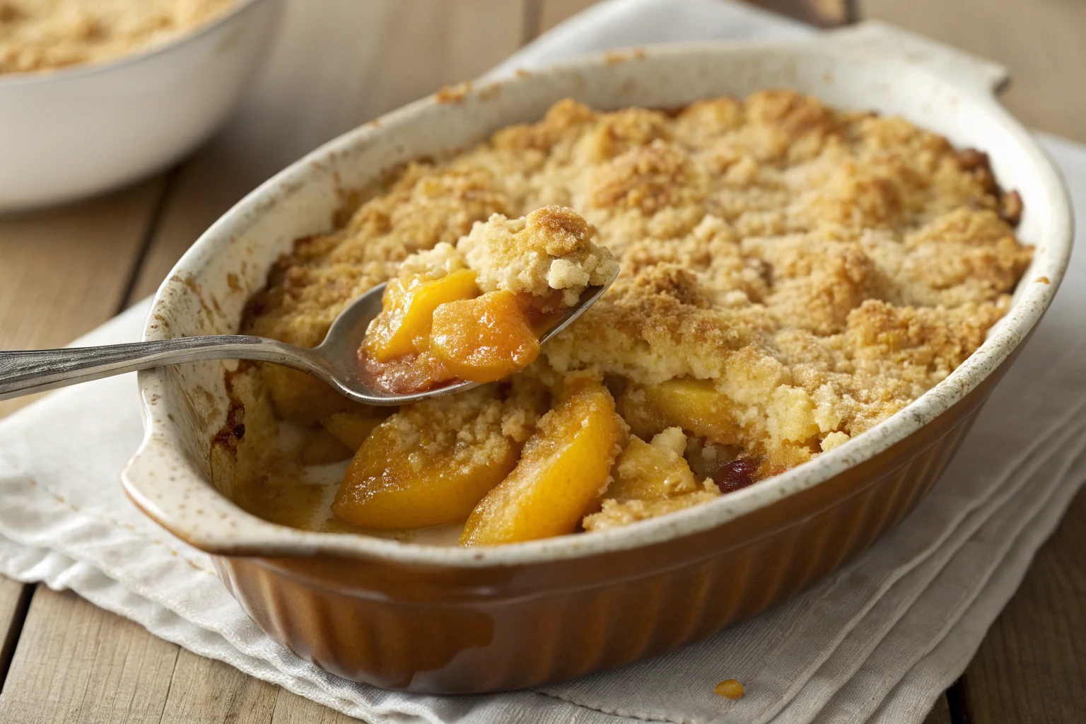 Freshly baked peach crumble with golden topping and juicy peach filling.