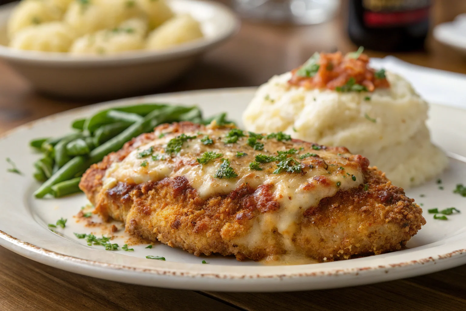 Juicy Longhorn Steakhouse Parmesan Crusted Chicken with a crispy, cheesy crust, served with mashed potatoes and green beans.