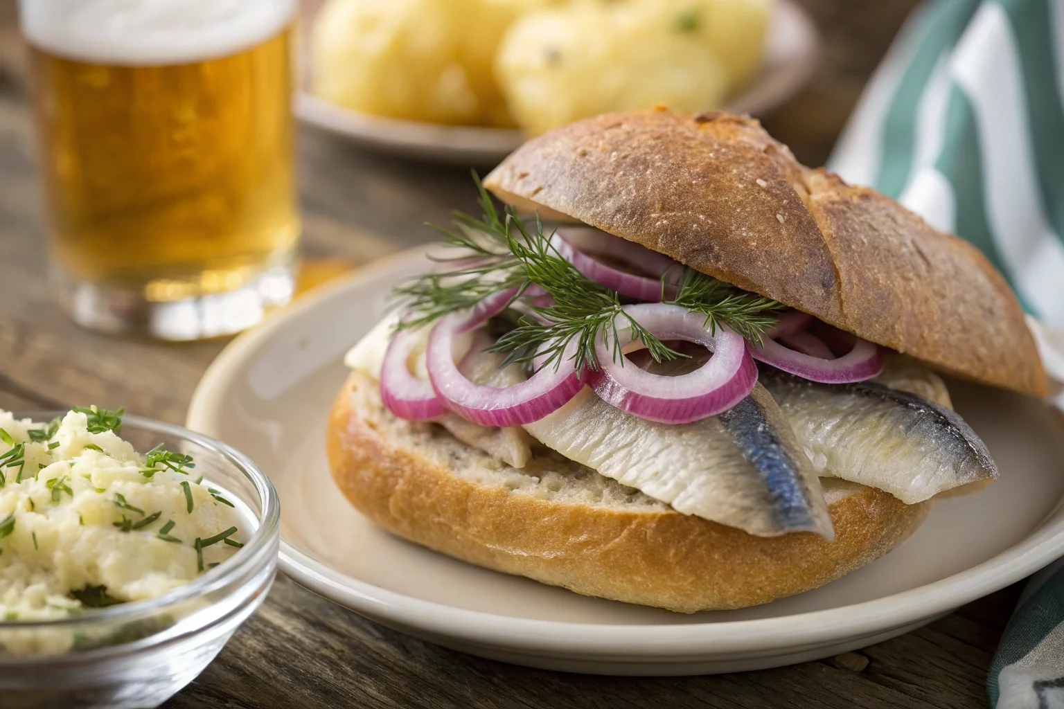 Traditional Matjesbrötchen with Matjes herring, red onions, and pickles in a crusty roll.
