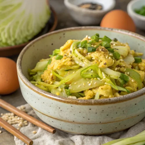 Cabbage and egg stir-fry with sesame seeds and green onions in a rustic bowl.