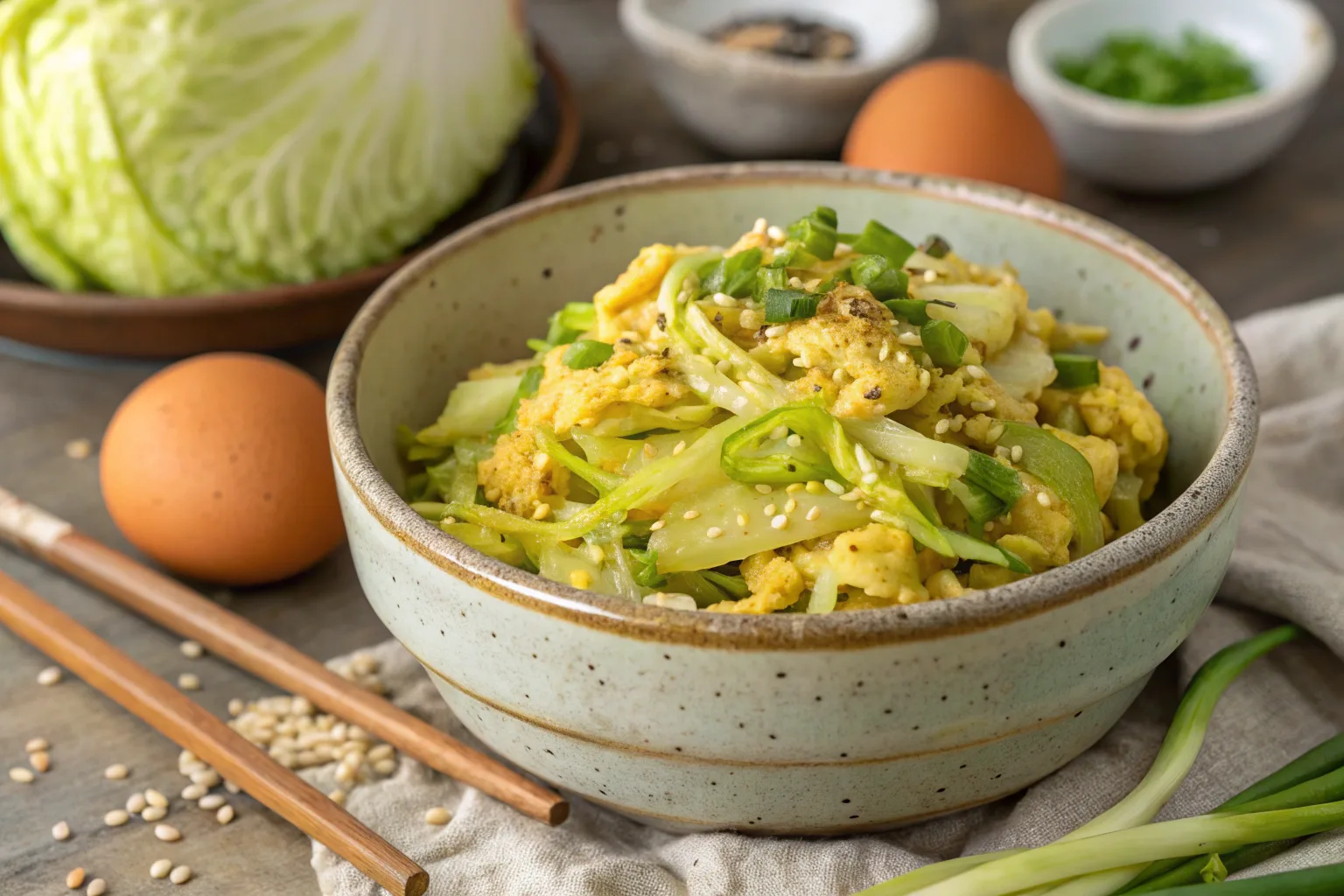 Cabbage and egg stir-fry with sesame seeds and green onions in a rustic bowl.