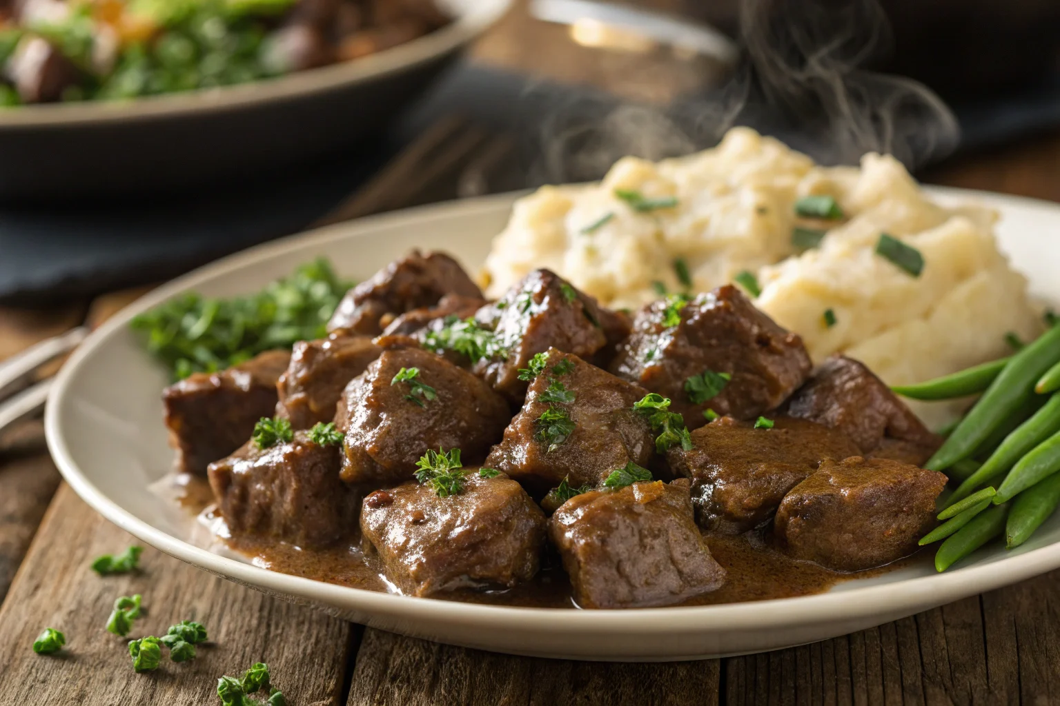 Juicy crockpot steak bites coated in garlic butter sauce