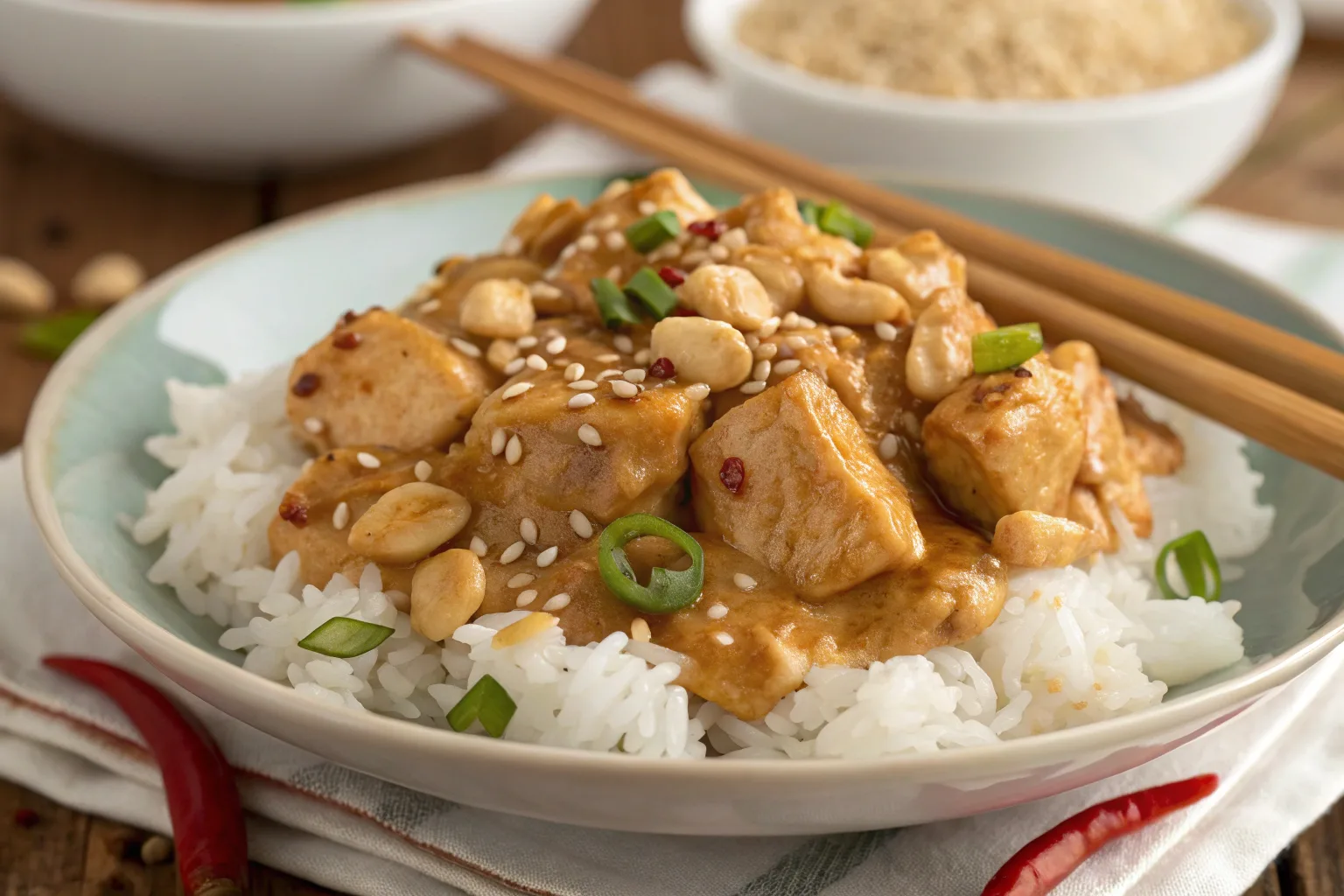 Chicken with peanut butter sauce served over rice, garnished with crushed peanuts and green onions.