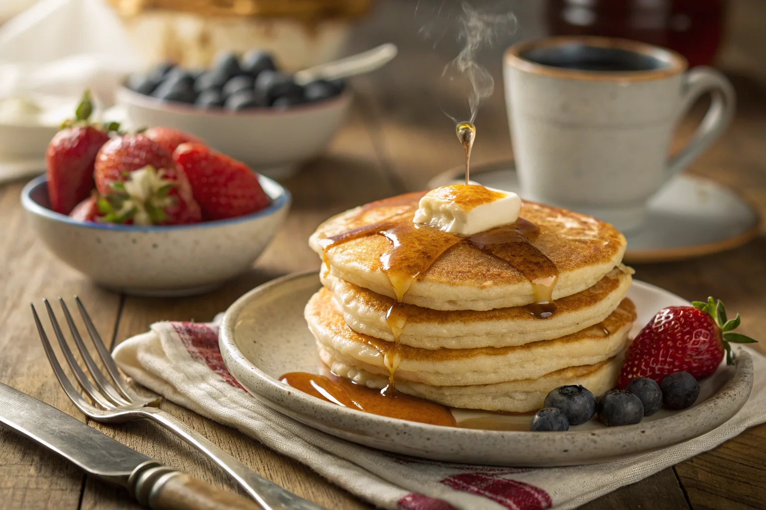 Fluffy hotcakes with butter and maple syrup on a wooden table.