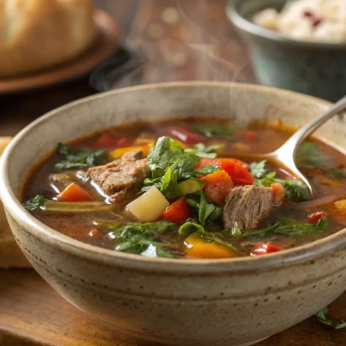 Hearty chopt soup with tender meat, vegetables, and greens in a flavorful broth.