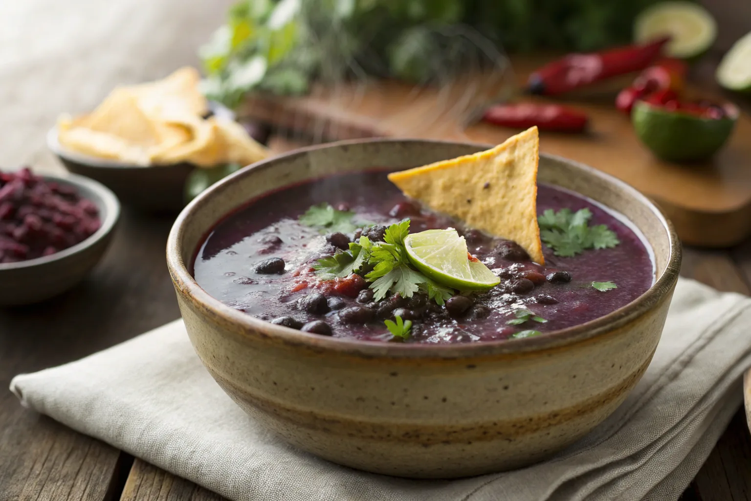 A steaming bowl of purple bean soup with lime and cilantro garnish