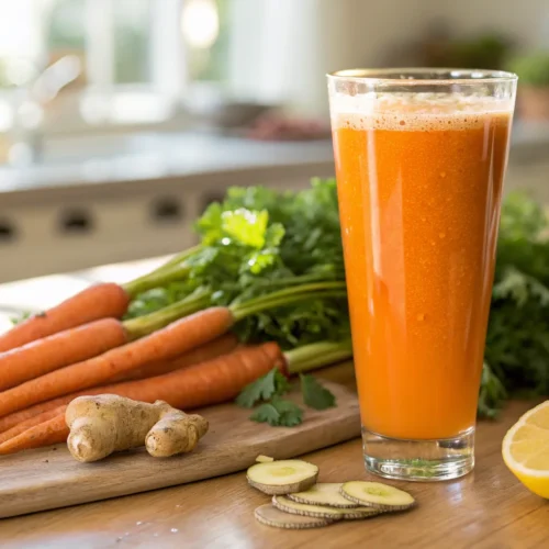 Fresh homemade carrot juice in a glass with whole carrots and lemon.