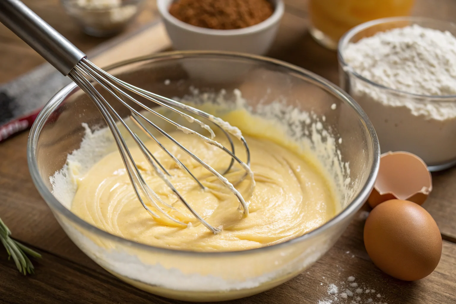 crab-brulee-custard-prep. Whisking egg yolks and cream together in a mixing bowl to create a smooth custard base for Crab Brûlée.