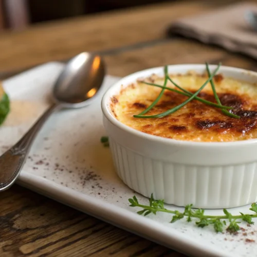 Crab brûlée with a golden caramelized sugar crust served in a ramekin