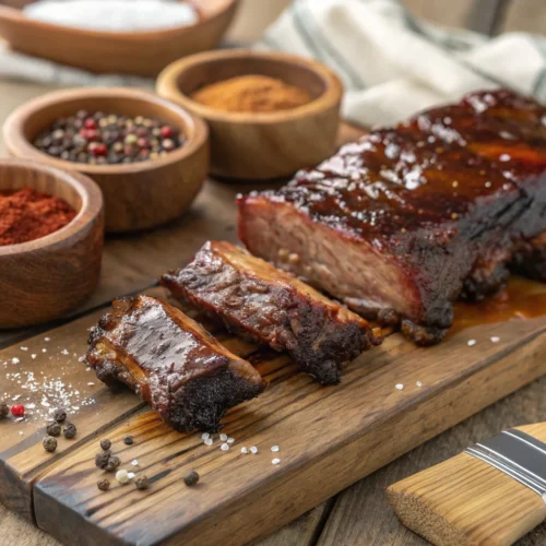 Tender country style beef ribs covered in smoky BBQ sauce on a wooden cutting board.