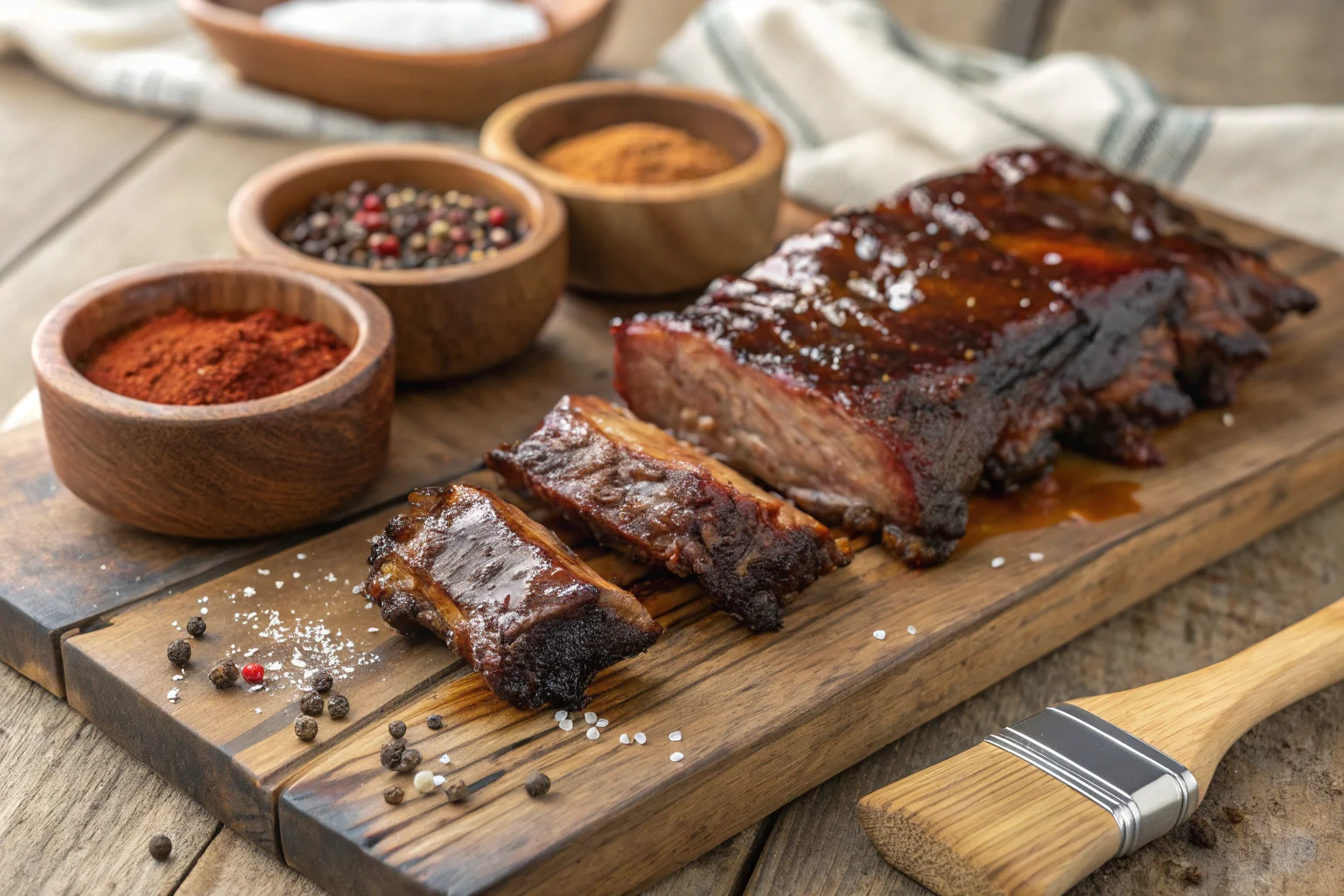 Tender country style beef ribs covered in smoky BBQ sauce on a wooden cutting board.