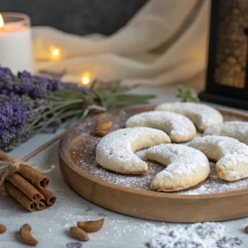 Crescent-shaped moon spell cookies dusted with powdered sugar, surrounded by magical herbs and crystals.