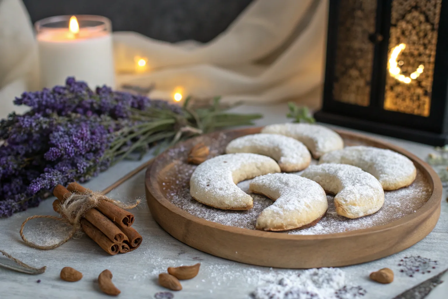 Crescent-shaped moon spell cookies dusted with powdered sugar, surrounded by magical herbs and crystals.