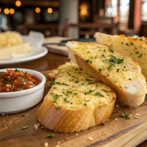 Freshly baked garlic bread with golden crust and melted garlic butter.