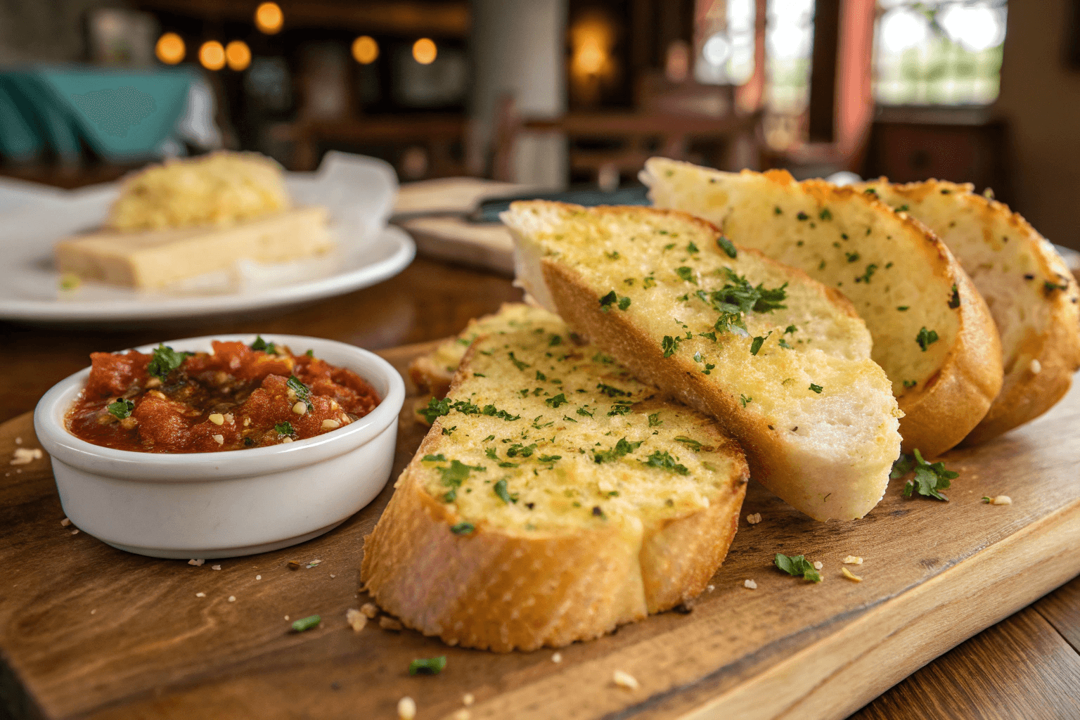 Freshly baked garlic bread with golden crust and melted garlic butter.