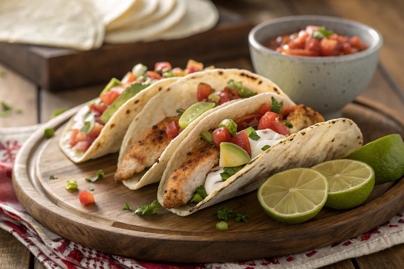 Juicy chicken tacos with pico de gallo, avocado, and lime crema on a wooden plate.