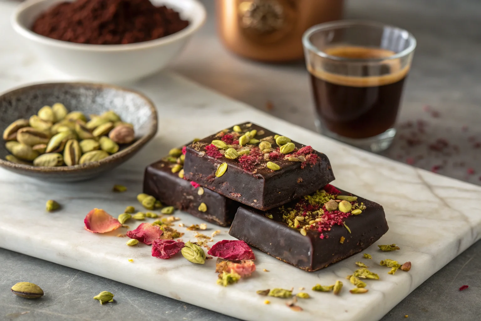 Dubai chocolate recipe – rich dark chocolate with pistachios, saffron, and rose petals.