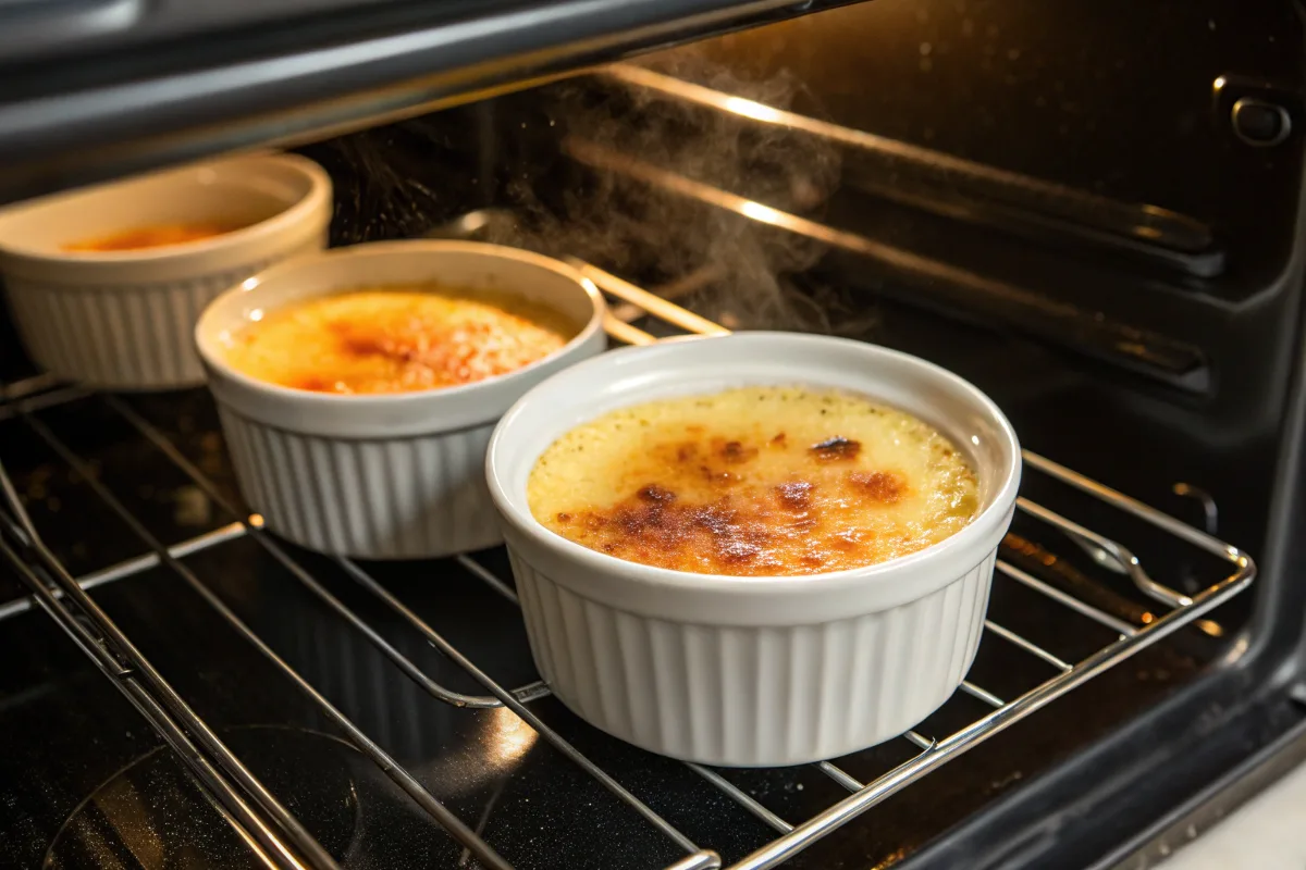 crab-brulee-baking. Crab Brûlée ramekin baking in a water bath inside an oven, ensuring a smooth custard texture.