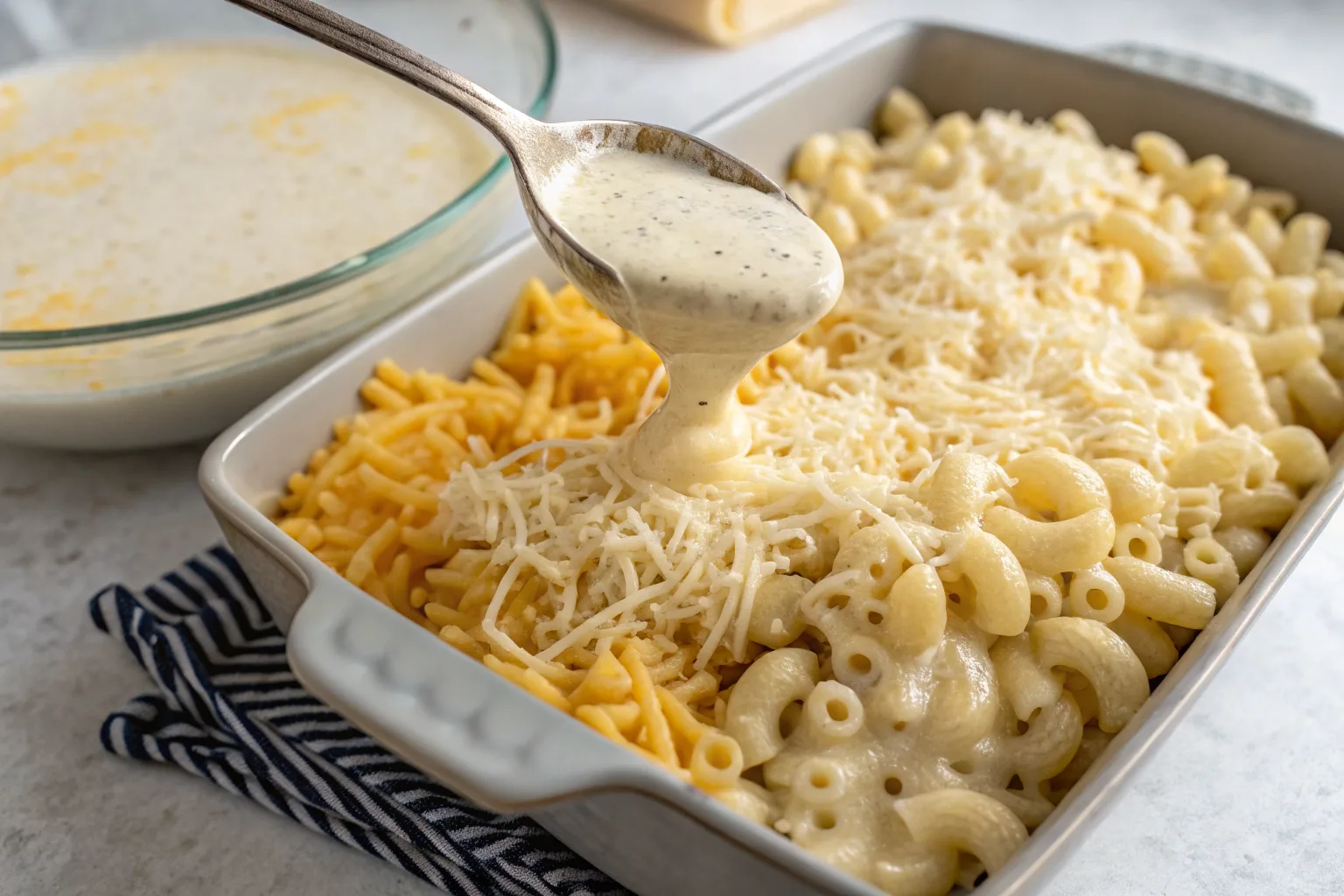 Layering mac and cheese in a baking dish with shredded cheese and sauce