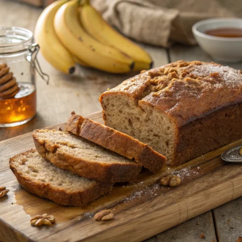 Freshly baked banana honey cinnamon bread drizzled with honey on a wooden board