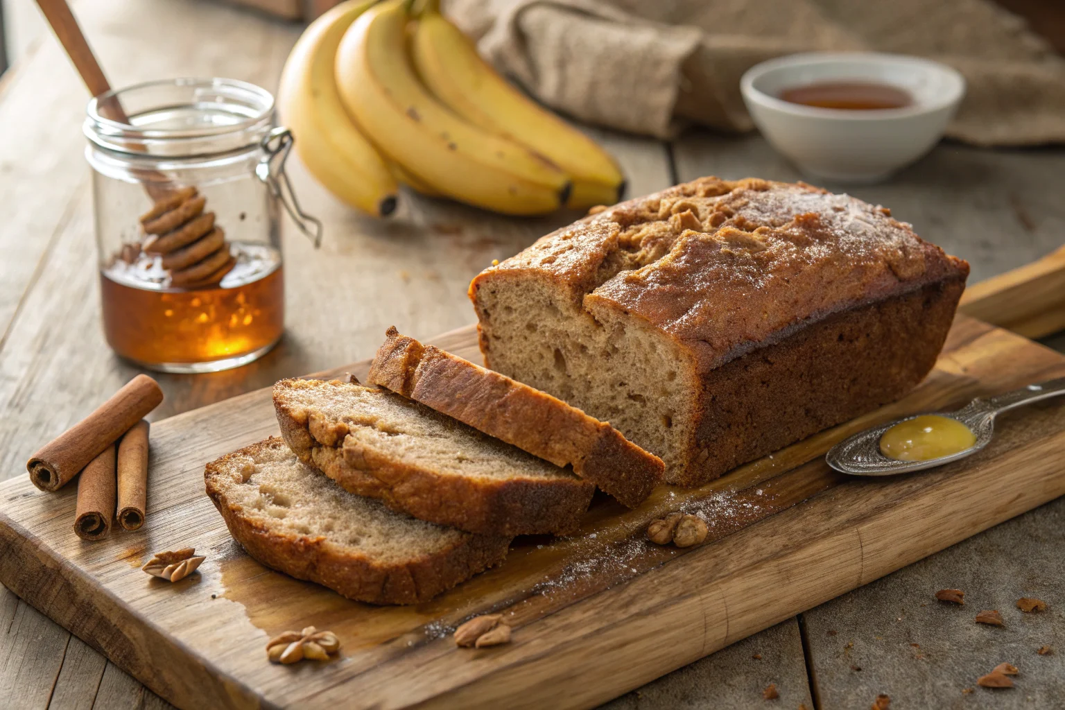 Freshly baked banana honey cinnamon bread drizzled with honey on a wooden board