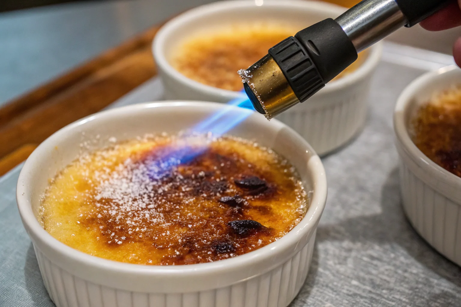 crab-brulee-caramelizing. A kitchen torch caramelizing the sugar crust on Crab Brûlée, turning it golden and crispy.