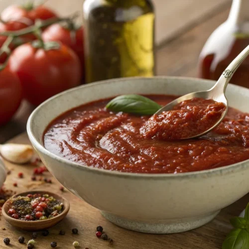 Mark’s Sweet Pizza Sauce in a bowl with fresh basil and tomatoes.