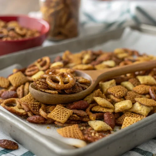 Oven-baked Chex Mix cooling on a baking sheet with pretzels, nuts, and bagel chips.