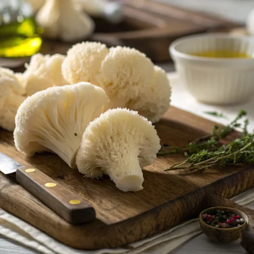 Fresh lion’s mane mushrooms on a wooden cutting board, ready for cooking.