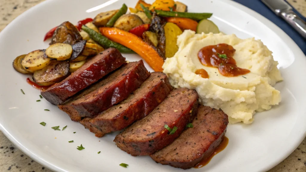 Served smoked meatloaf with mashed potatoes and vegetables.