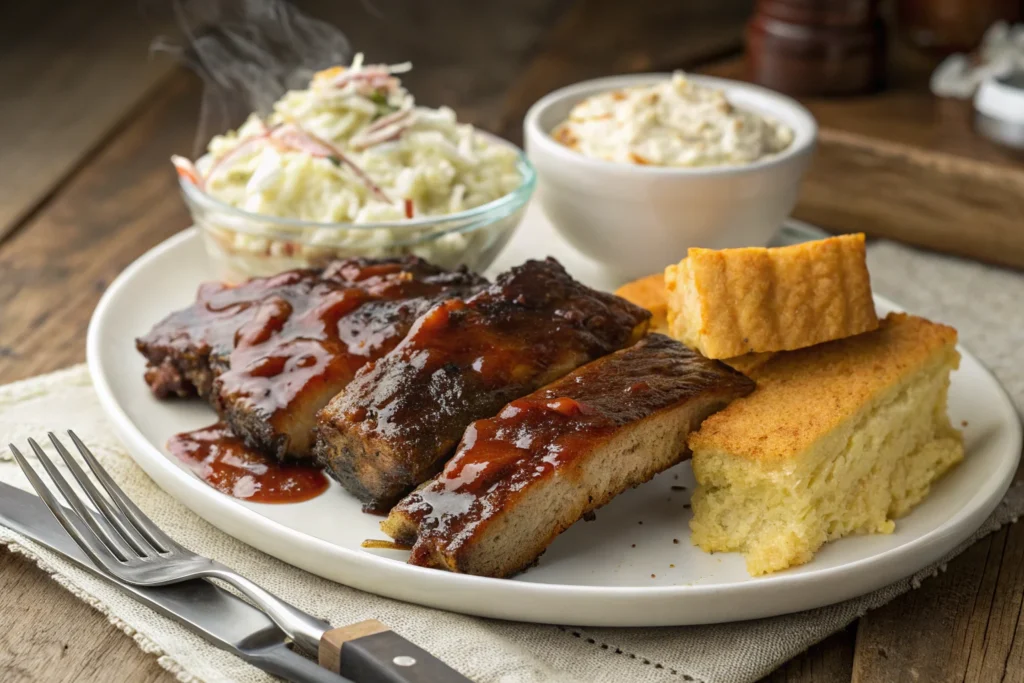 BBQ-glazed country style beef ribs served with coleslaw and cornbread.