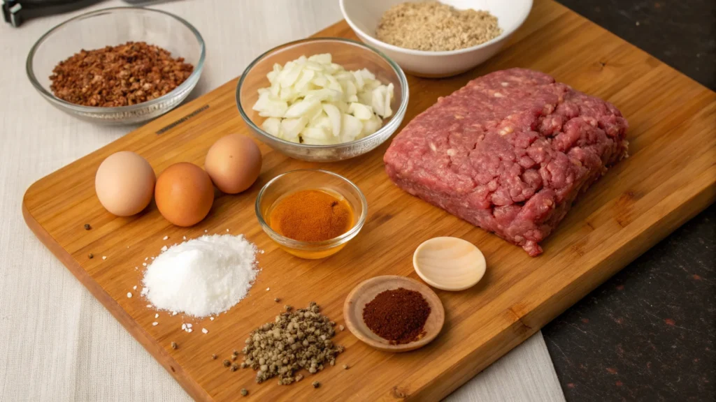 Ingredients for smoked meatloaf recipe on a wooden board.