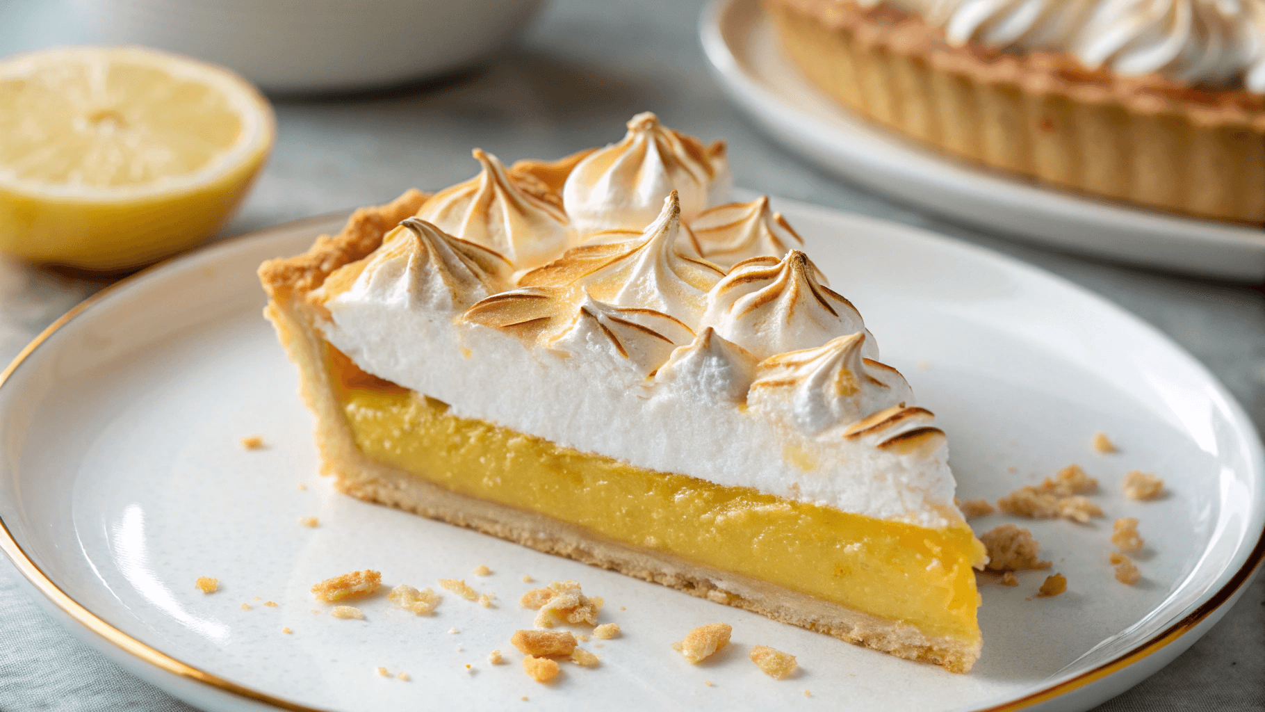 A slice of lemon meringue pie showcasing golden peaks and vibrant filling.