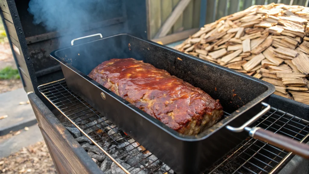 Meatloaf smoking in a smoker with wood chips.