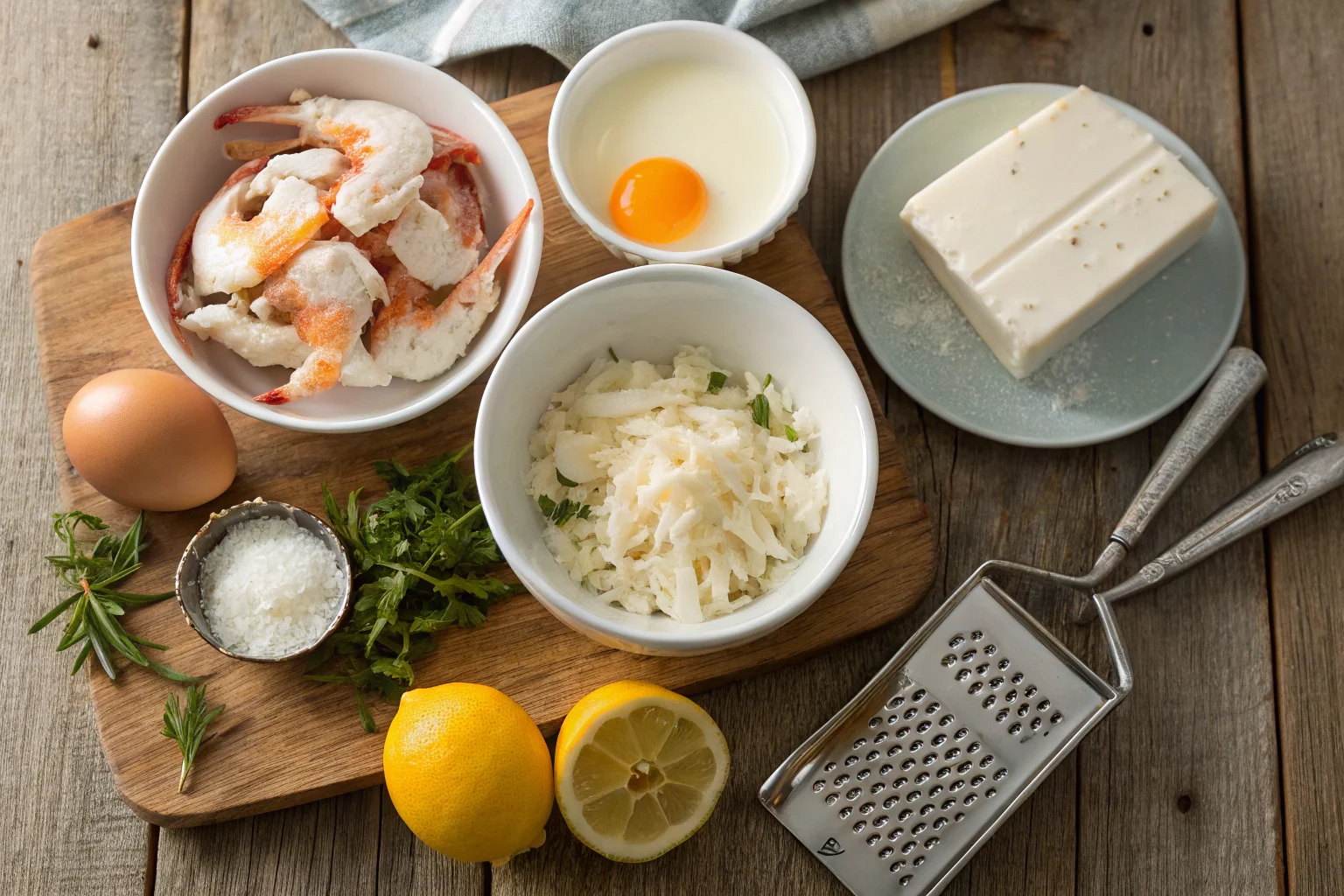 crab-brulee-ingredients. Flat lay of Crab Brûlée recipe ingredients, including lump crab meat, egg yolks, heavy cream, sugar, Parmesan, lemon zest, and chives.
