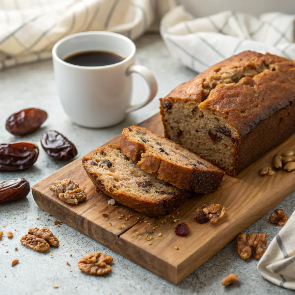 Freshly baked date nut bread loaf with sliced pieces on a wooden cutting board.