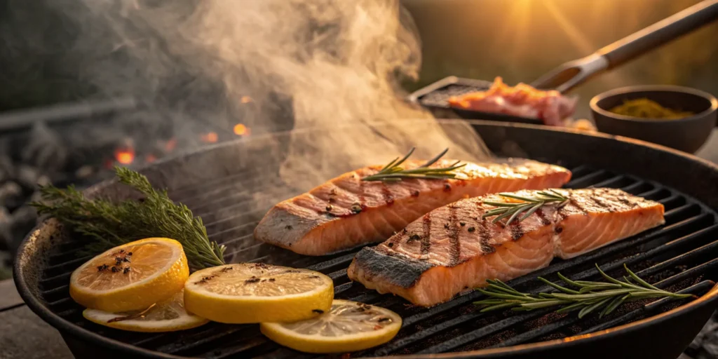 Salmon cut steaks grilling with charred marks and smoky backdrop.

