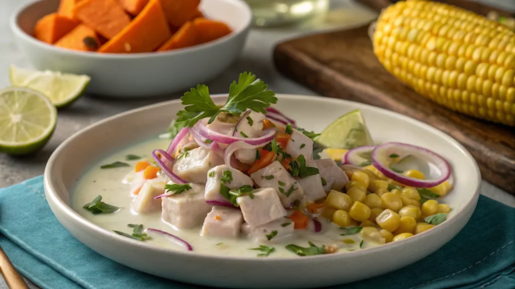  Ceviche prepared with leche de tigre, served with sweet potato and roasted corn.