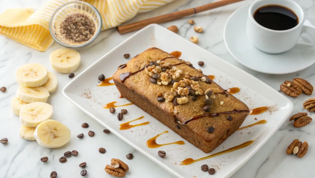Banana Honey Cinnamon Bread slice with walnuts and chocolate chips.